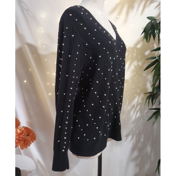 Chicos Womens Cable Knit Silver Studded V-Neck Pullover Sweater Size 2 L Black - Picture 2 of 8